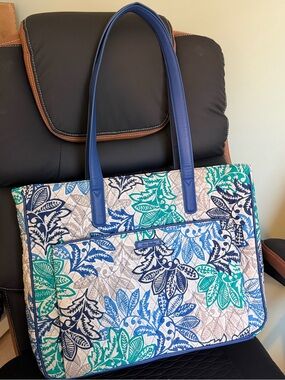 Vera Bradley Quilted Floral Tote Bag in Blue & Teal with Navy Straps